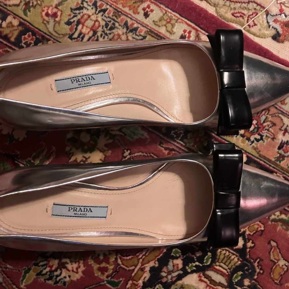 Prada silver kitten heel pumps